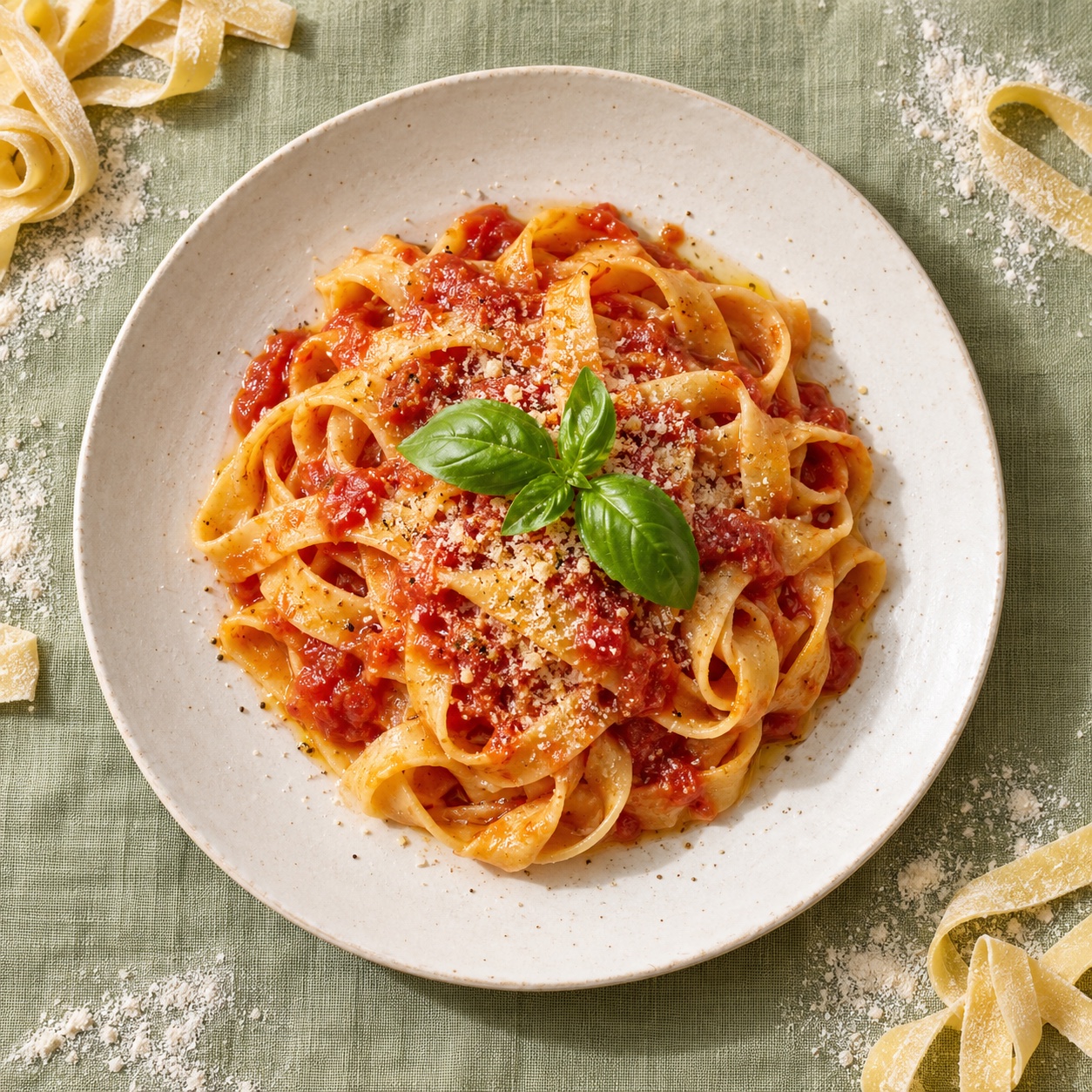 Illustrative overhead study of ribbon pasta with tomato sauce and basil